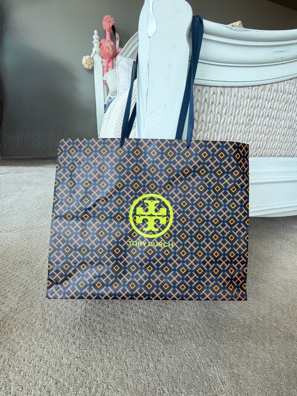 Tory Burch Navy Tote with Orange Geometric Print & Neon Yellow Logo